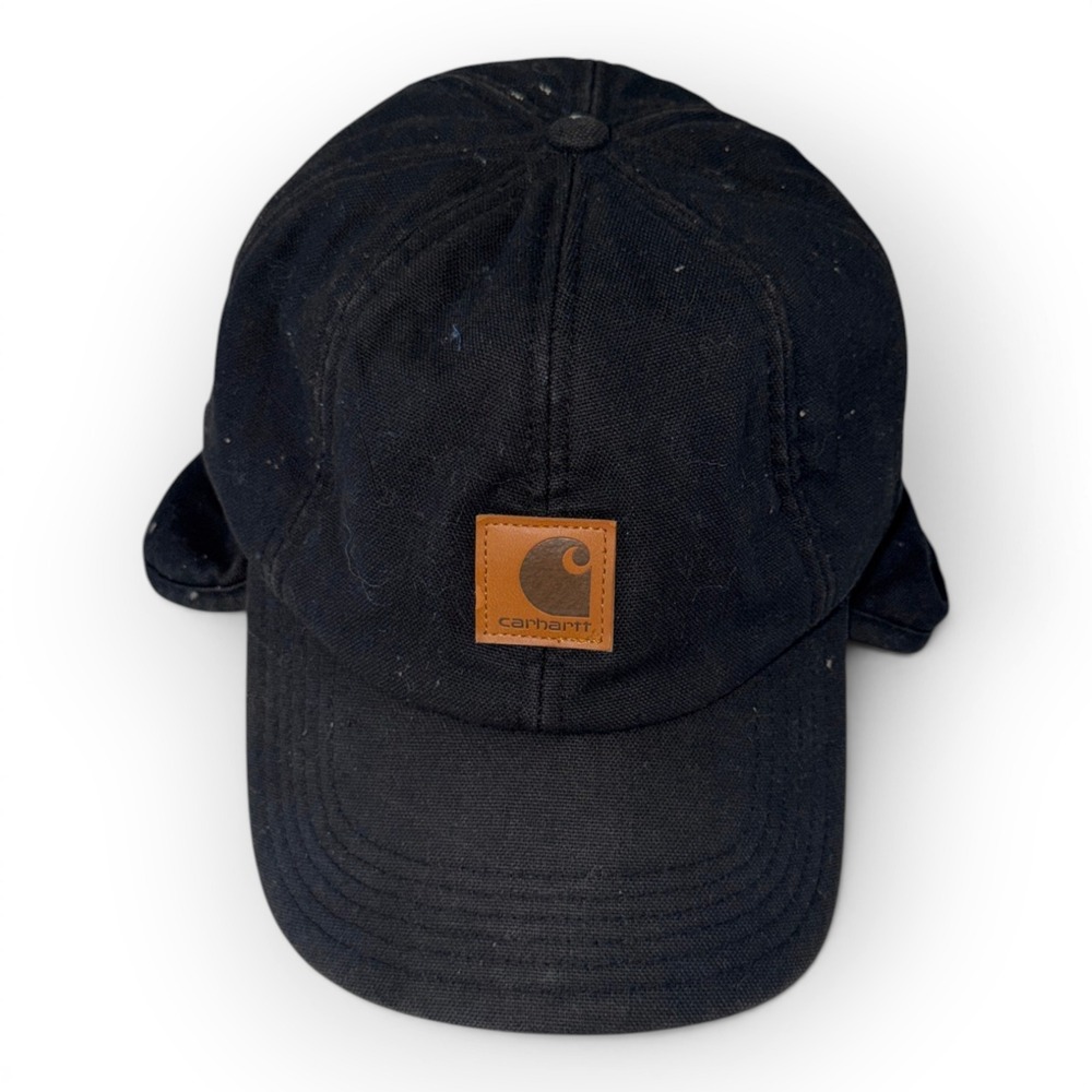 Carhartt Vintage Black Canvas Ear Flap Hat Mens Stretch Fit Workwear Cap RN14806 - Picture 1 of 6